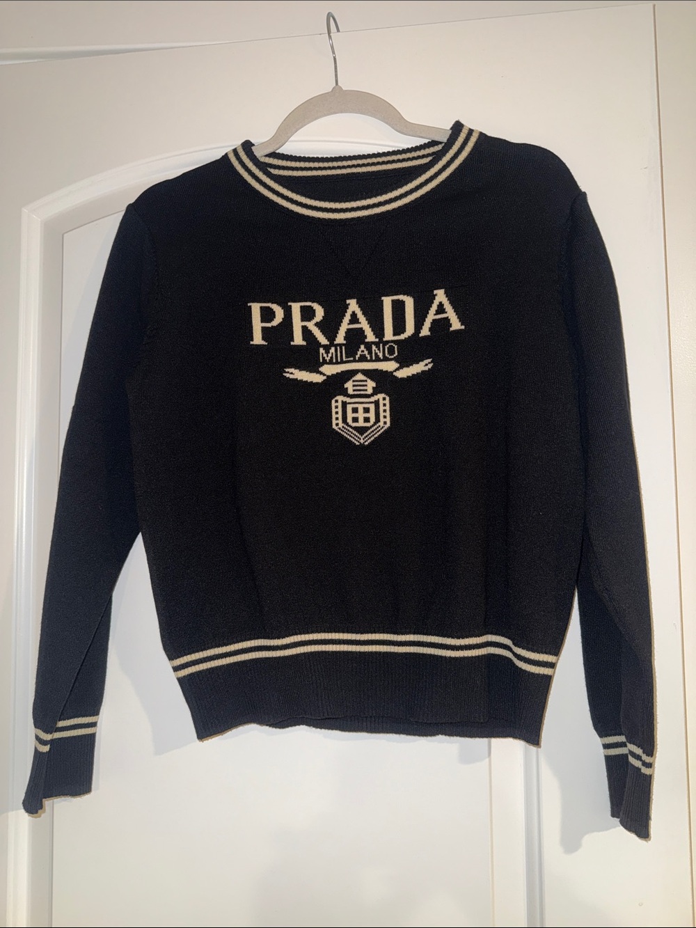 Prada Black Knit Crewneck with Cream Logo Trim